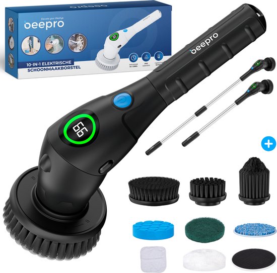 Beepro® Elektrische Reinigungsbürste - Elektrischer Schrubber - Schrubbbürste - Für Bad und Küche - Schrubber mit Griff - 10 Aufsätze - Schwarz