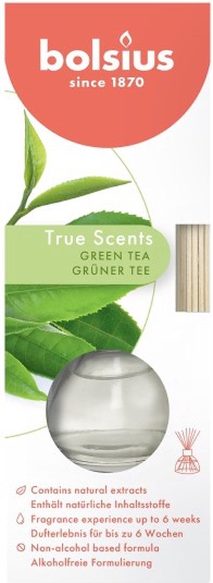 6 Stück Bolsius Duftstäbchen Grüner Tee - Grüner Tee Duft Diffusoren 45 ml True Scents