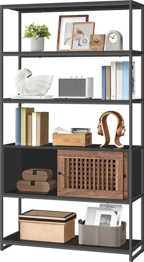 O'DADDY® Bücherregal - Aufbewahrungsschrank mit verstellbarem Schrank - Bücherregal - Wandschrank - 35x100x180 cm - Industrial - Schwarzes Metall/Braunes Holz