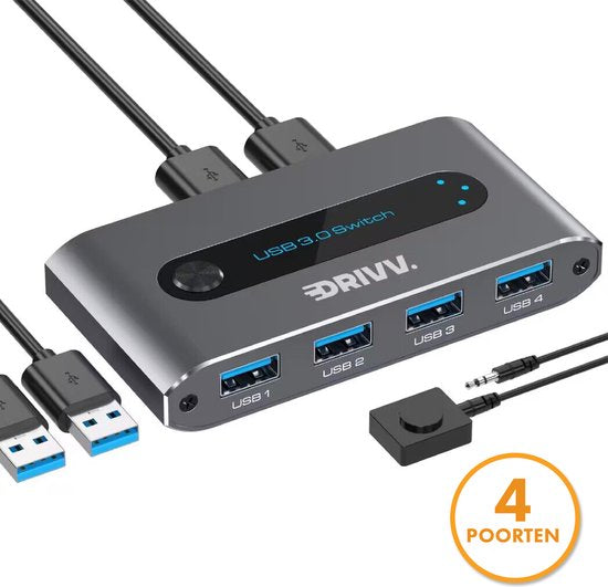 Drivv. Premium USB 3.0 Umschalter - 4 USB Ports - Grau - USB KVM Umschalter - 2 PCs gemeinsam nutzbar - Aluminium
