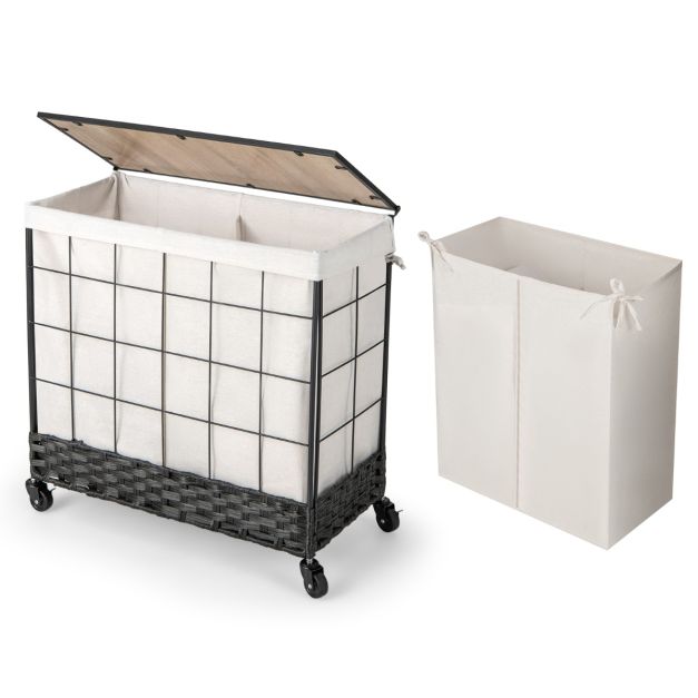 Waschkorb mit Rädern - 130 Liter - geteilter Innenbeutel und Holzdeckel - robust