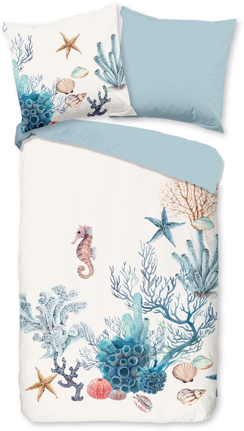 Bettbezug 200x200 cm - Maritimes Design mit Seepferdchen und Korallen - Weiß/Blau - 2 Persoons - 100% Baumwolle - Öko-Tex zertifiziert
