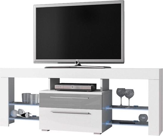 TV-Möbel TV-Sideboard Navia High Design LED-Beleuchtung Korpus weiß matt Front Schubladen Hochglanz grau