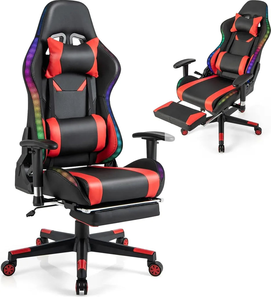 COSTWAY Gaming-Stuhl mit RGB-LEDs und ausziehbarer Fußstütze