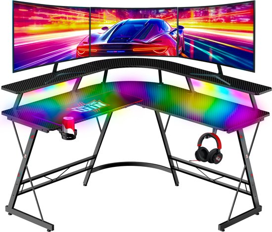 For The Win Eckschreibtisch - L-förmiger Spieltisch - 130x130x74 cm - Gaming-Schreibtisch mit LED-Beleuchtung - inkl. RGB-Mauspad - Monitorständer - Gaming-Schreibtisch - Computer-Tisch - Gaming-Tisch