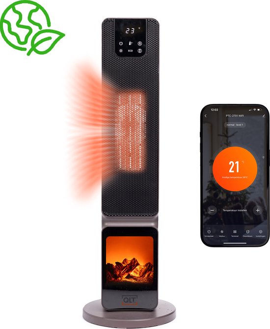 QLT Ceramic Heater with Atmosphere Fireplace - Elektroheizung mit Wifi + App-Steuerung - Heizlüfter mit Swing und ECO-Modus - 2000W - Schwarz