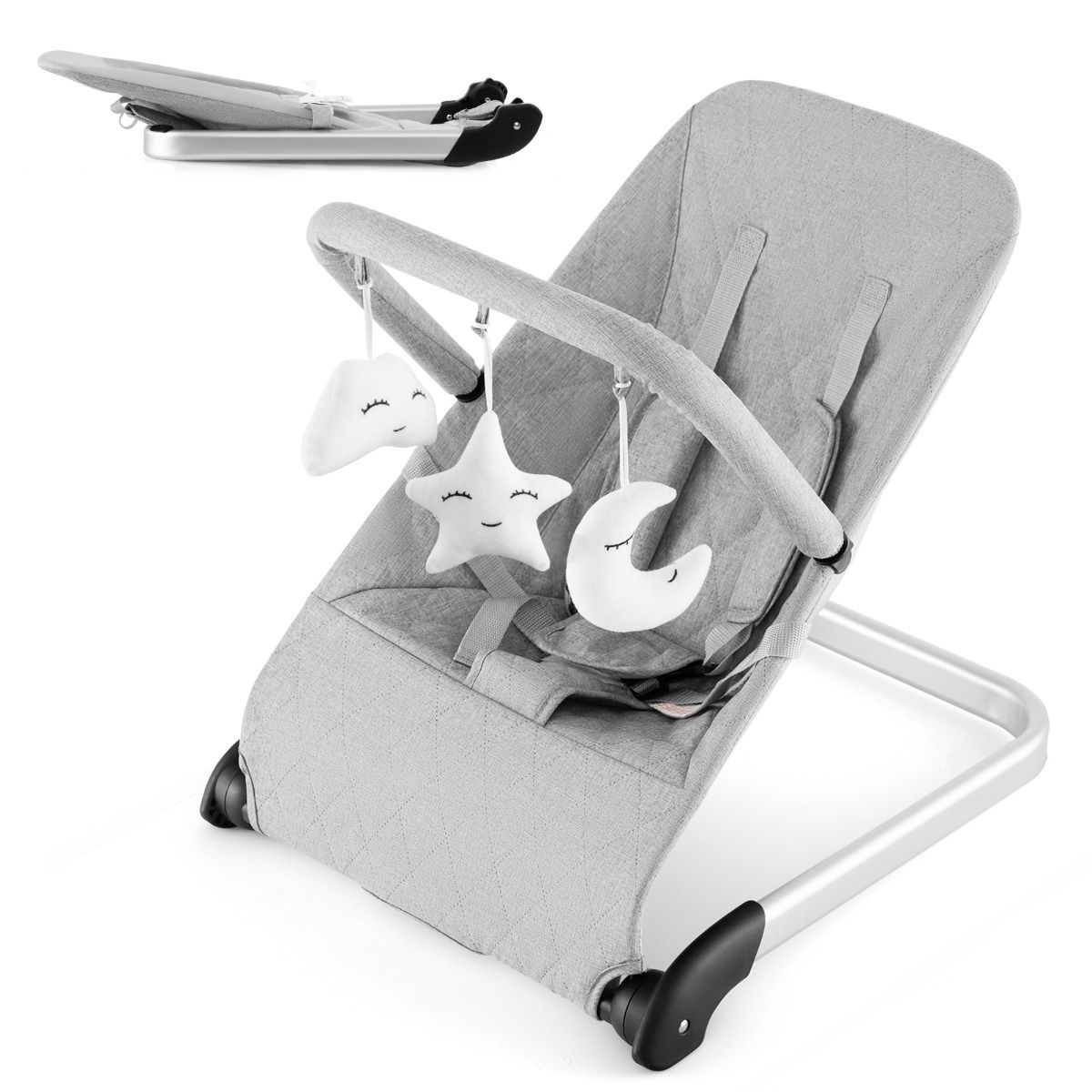 Coast - Babywippe - faltbar - mit Sicherheitsgurt & Spielzeughalterung - 47 x 54 x 50 cm - Grau
