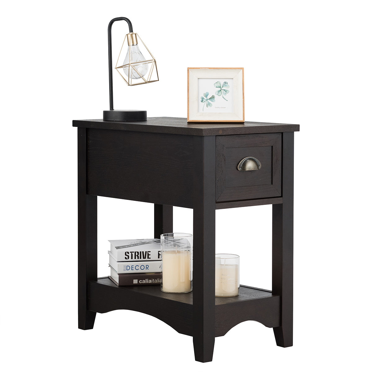 Beistelltisch mit Schublade und Regal 2 Bodenzählung Sofatisch Schmaler Nachttisch Couchtisch für Wohnzimmer Schlafzimmer (Walnuss) – Bild 2
