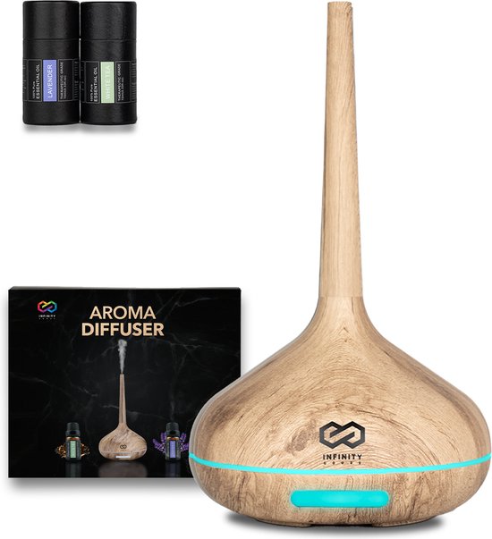 Infinity Goods Aroma Diffuser Inkl. 2x 10ml reines ätherisches Ã–l - Luftbefeuchter - Verdampfer - 10 LED Farben - Aromatherapie - Duftdiffusor - Holz Braun