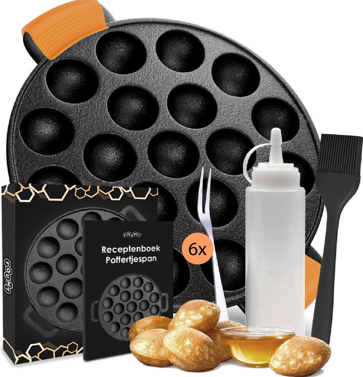 Ocina Poffertjes-Pfanne - Combo-Pack - 19 Poffertjes - Poffertjes-Maschine - Poffertjes-Pfanne Induktion - Poffertjes-Pfanne elektrisch - Gusseisenpfanne - Inklusive Spenderflasche