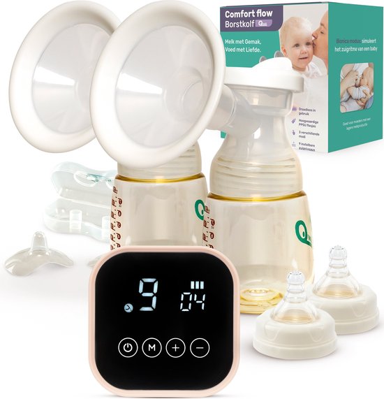 Qwali Comfort flow 2.0 Elektrische Milchpumpe - Doppelt - BPA frei - inkl. 2 Milchflaschen - Kabellose Milchpumpe - Freihandpumpe - Milchpumpe - Handpumpe Stillen