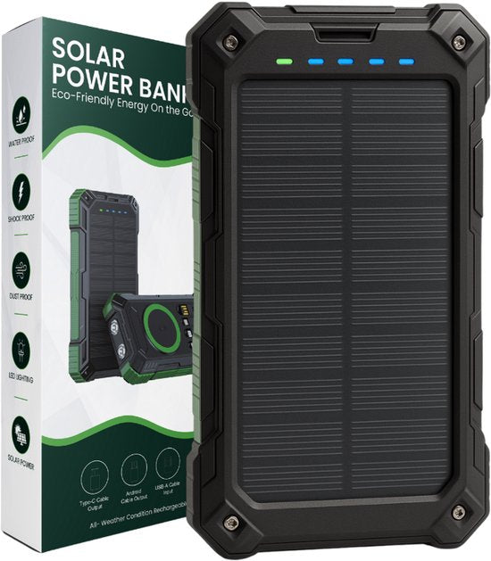 Solar-Powerbank 30000mAh - kabelloses Laden - wasserdicht & stoßfest - schnelles Aufladen über USB-C - integrierte Kabel - Outdoor-Powerbank mit LED-Taschenlampe und Solarpanel - geeignet für Smartphone