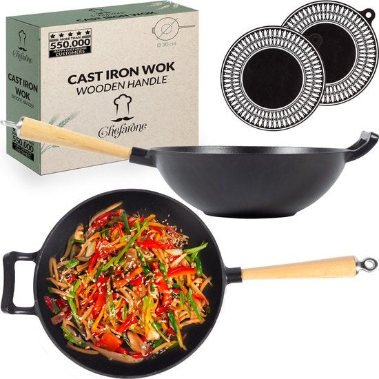 Chefarone Gusseisen Wok Pfanne 30CM - Wok Set Wok Pfanne Induktion - Antihaft-Emaille-Beschichtung - Backofen geeignet: Abnehmbarer Holzgriff - Bratpfanne aus Gusseisen - Flacher Boden - Wadjan-Alternative - Langlebig / Lebenslanger Gebrauch - Schwarz / H