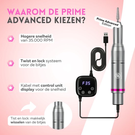 Beeperfect® Elektrische Nagelfeile Advanced - Nagelfräse - Maniküre- und Pediküreset - 35.000 U/min - 26 Bits und 66 Schleifwalzen