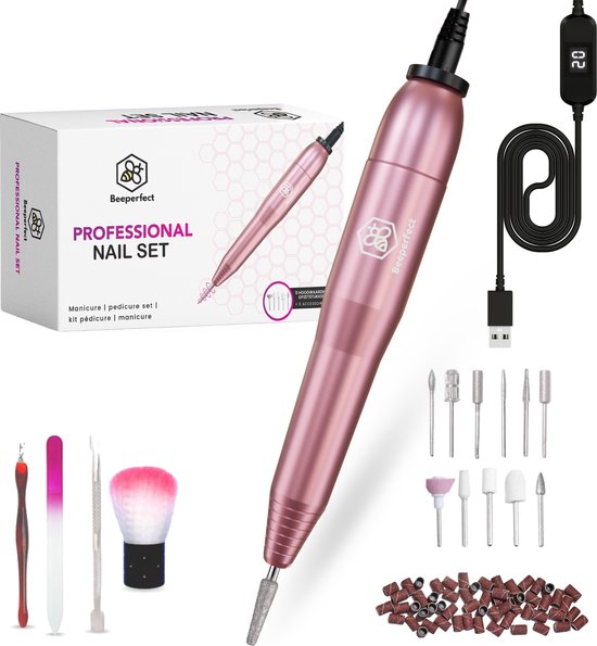 Beeperfect® Elektrische Nagelfeile - Nagelfräse - Maniküre- und Pediküreset - 12 Bits und 60 Schleifrollen - 4 Extra-Zubehör - Pink