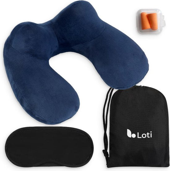Loti Aufblasbares Nackenkissen Set 3 in 1 mit Aufbewahrungsbeutel - Flugzeugkissen - Reisekissen - Samt - Inklusive Schlafmaske und Ohrstöpsel - Blau
