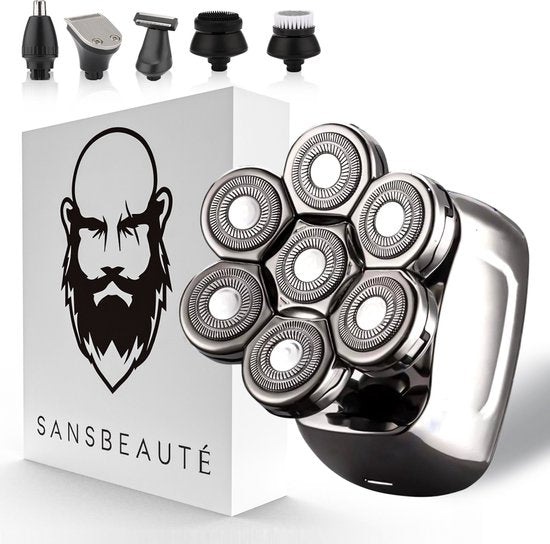 Herren 6-in-1 Rasierer - Trimmer - Clipper - Sansbeauté® SkullSharp PRO - Schädelrasierer - Elektrischer Gesichts- und Kopfrasierer - Rasieren - Glatze - Nass & Trocken - USB-Ladung - Elektrisch