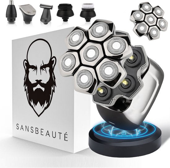 6-in-1-Rasierer für Männer + Extra-Scherkopf - Trimmer - Sansbeauté® SkullSharp PRO Magnetic - Nass & Trocken - Schädelrasierer - Gesichts- und Kopfrasierer - Kopfrasur - kabelloses Aufladen - Aufsätze