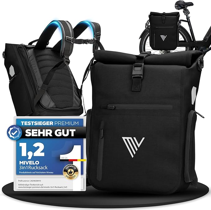 MIVELO Pannier - 3-in-1-Rucksack & Umhängetasche - Wasserdicht - 25 Liter - Schwarz