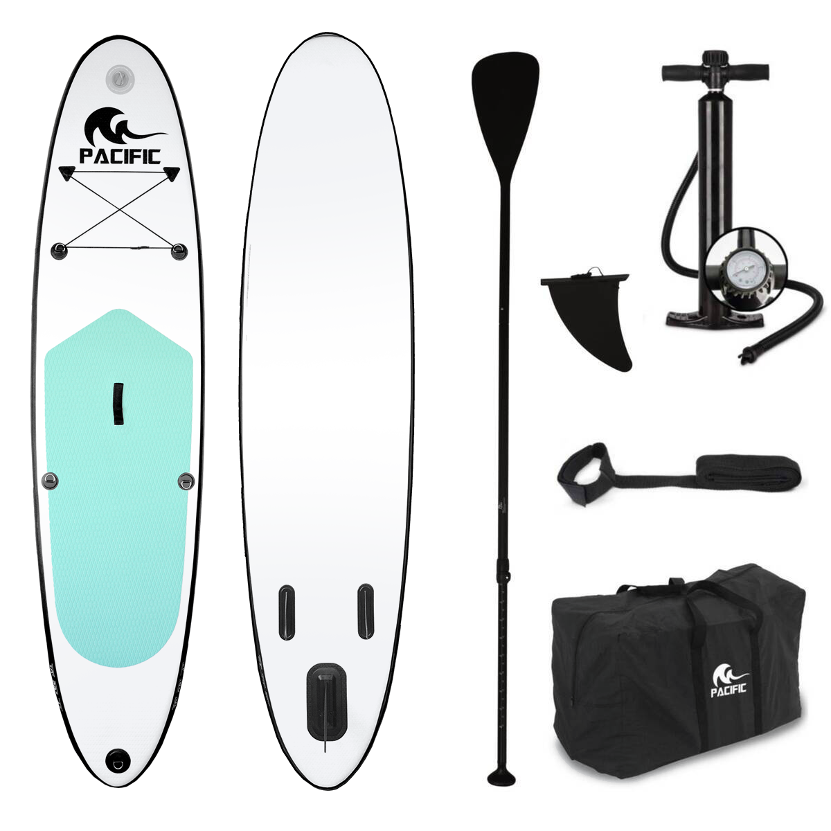 Pacific SUP - Aufblasbares Stand Up Paddel Board - Grün/Weiß - Premium Version - 305cm - 100kg Tragkraft