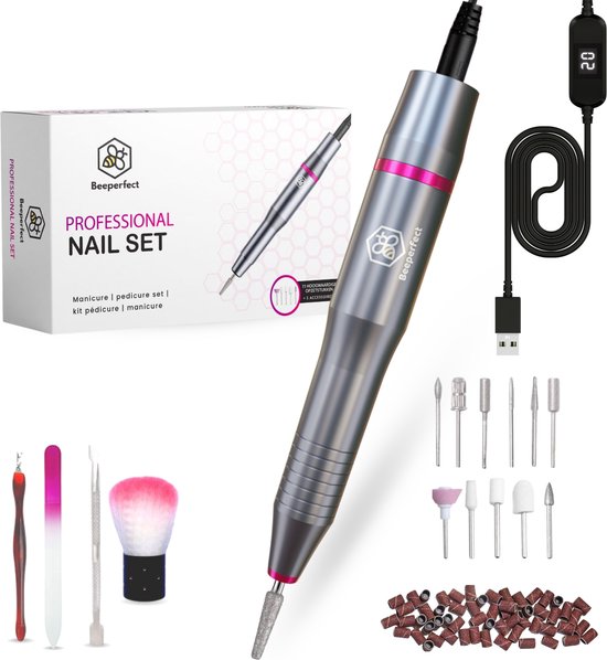 Beeperfect® - Elektrische Nagelfeile - Maniküre- und Pediküreset - 12 Bits und 60 Schleifrollen - Grau