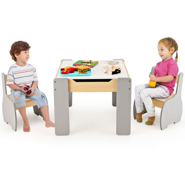 3-teilige Kindersitzgruppe aus Holz 4-in-1 Kindertisch mit 2 Stühlen und abnehmbarem Brett Kindermöbel-Set mit Aufbewahrung (grau)