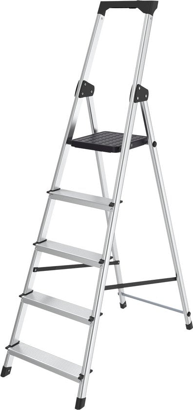 BRASQ Haushaltsleiter 5-stufig Silber - Küchenleiter Zusammenklappbar Aluminium für den privaten und professionellen Gebrauch - Leiter - Rutschfest