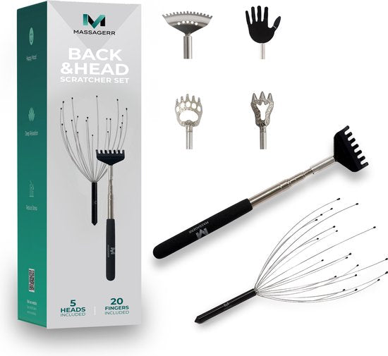 Massagerr® Head & Back Scratcher Set - 5-in-1 Rückenkratzer mit 5 Aufsätzen - Kopfkratzer mit 20 Fingern - Rückenmassage - Ultimatives Kratzgefühl - Massage