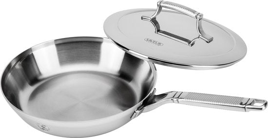 Saveur Selects - Serie Voyage - Bratpfanne - 25 cm - pfasfrei Bratpfanne - Induktionsbratpfanne - mit Deckel - Geeignet für Induktion und alle anderen Wärmequellen - Backofenfest bis 260°C - Spülmaschinenfest - Teflonfrei - Dreifach Edelstahl
