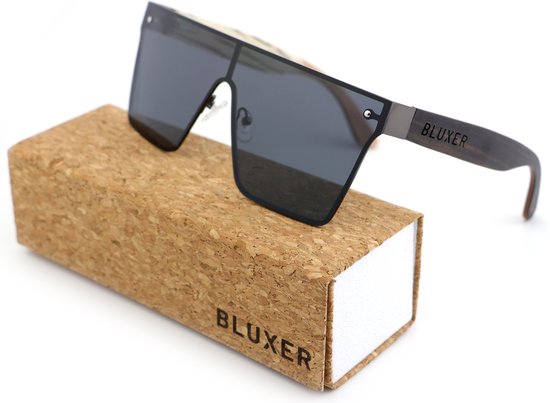 BluxerÂ® Sonnenbrille - Schicke Sonnenbrille Polarisiert - UV400 Linse - Ãœberdimensionierter Edelstahlrahmen - Ebenholzfurnierholz - Graue Linse
