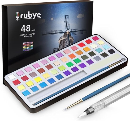 Rubye® Watercolours - Aquarellfarben - Pinselstift - Pinsel - Farben - Aquarellfarben Erwachsene - Aquarellfarben Kinder - Malen nach Zahlen - 48 Farben