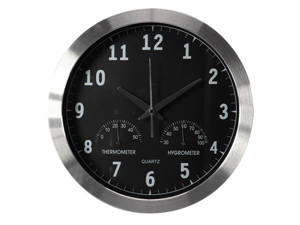 Perel Aluminium Wanduhr mit Thermometer & Hygrometer - Ã˜ 35.5 Cm