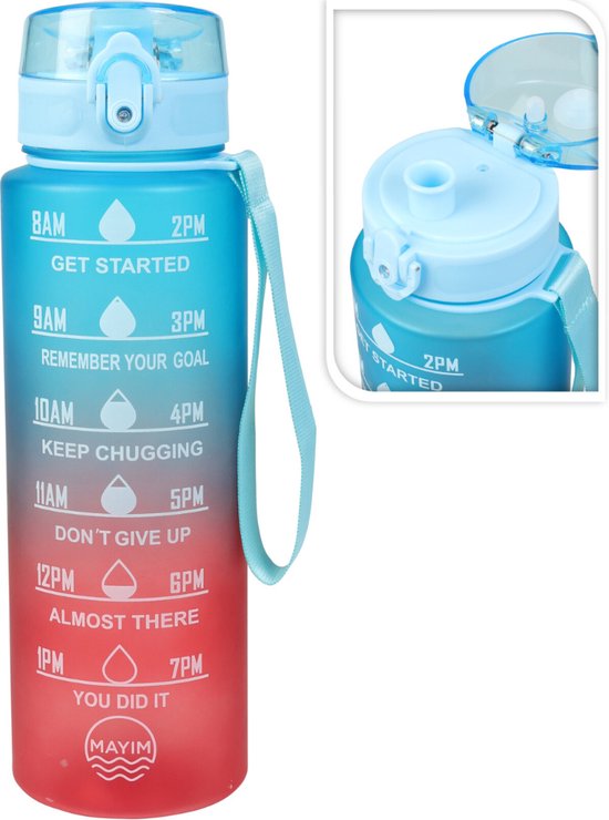Mayim Motivationswasserflasche - Rot und Blau - 1 Liter - Trinkflasche mit Zeitmarkierung
