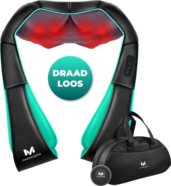 Massagerr® Shiatsu-Massagekissen 2.0 - Kabellos - Nackenmassagegerät - Inkl. Tragetasche und Stressball - Massagegerät für Rücken