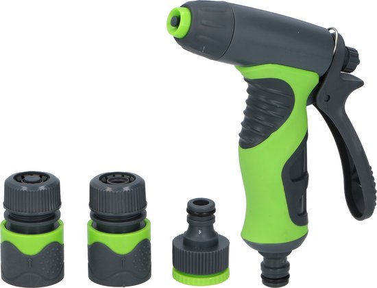 Kinzo 4-tlg. Spritzpistolen-Set - inkl. 3 Anschlüsse für Gartenschlauch - 8 Spritzstufen - Soft-Grip-Griff - Grün/Grau