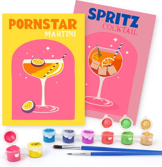 Rubye® Mini Malen nach Zahlen - 2 Stück - Erwachsene - Malen nach Zahlen Kinder - Set - Cocktails - 15x20cm