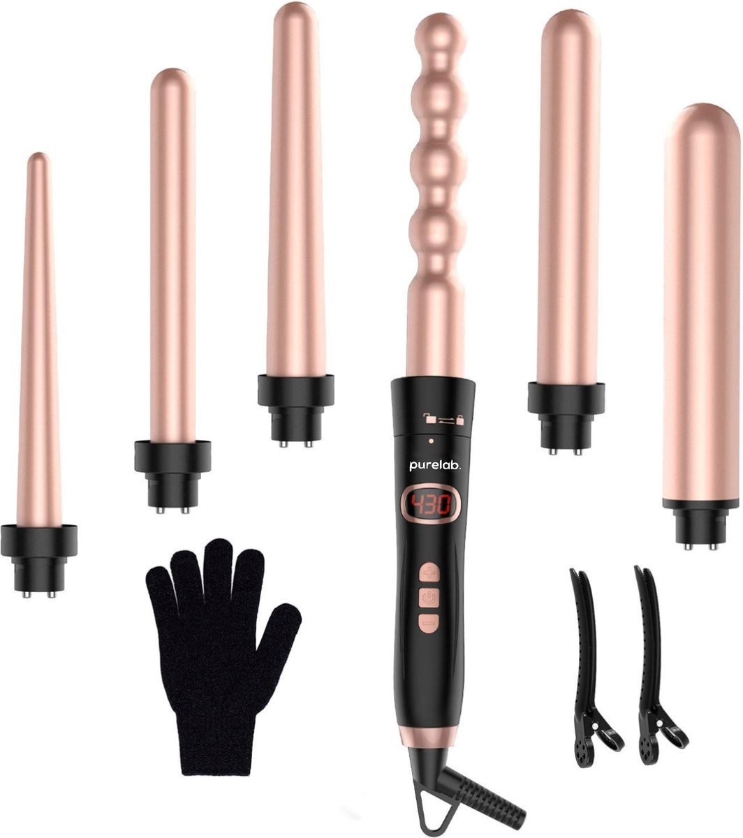 Purelab 6 in 1 Lockenstab - Lockenstab mit Aufsätzen - Inkl. Handschuh und Haarclips - Keramik - Lockenstab - 120-220Â°C