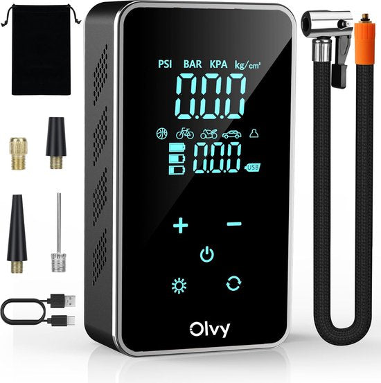 Olvy Compressor Tyre Pump - Elektrische Reifenpumpe - Tragbarer Luftkompressor - 7000 mAh - Elektrische Fahrradpumpe - Fahrrad/Auto/Motorrad/Ball/Luftbett