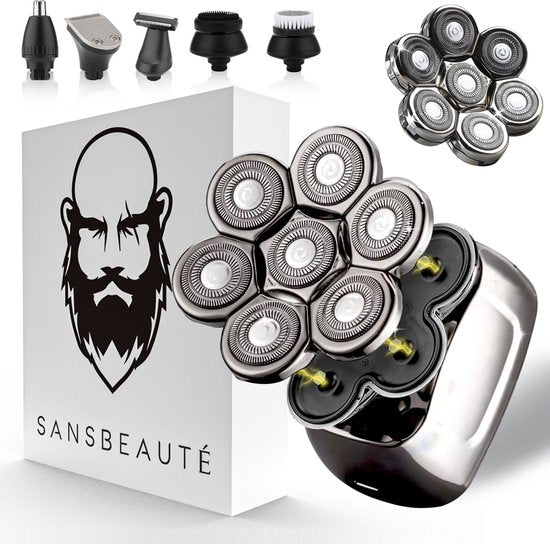 6-in-1 Herrenrasierer + Extra-Scherkopf - Trimmer - Sansbeauté® SkullSharp PRO Magnetic - Schädelrasierer - Nass & Trocken - Gesichts- und Kopfrasierer - Kopfrasur - USB-Aufladung - Aufsätze