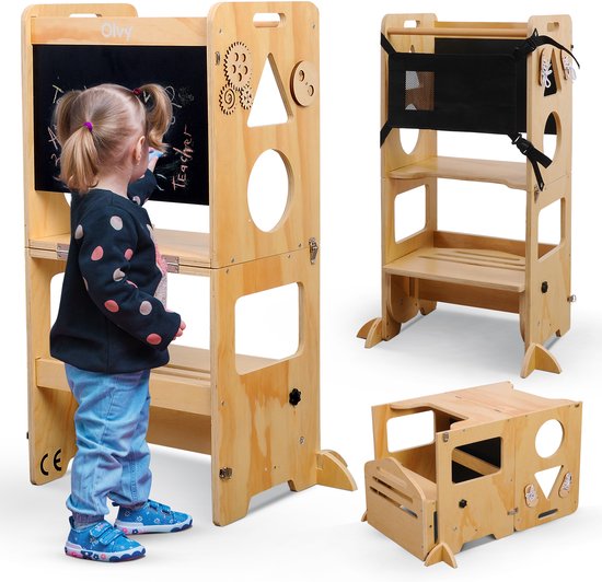 Olvy Kids - 3-in-1 Lernturm - Küchenhilfe - Lernturm - Montessori Lernturm - faltbar - Kindertreppe - Küchenturm - faltbar