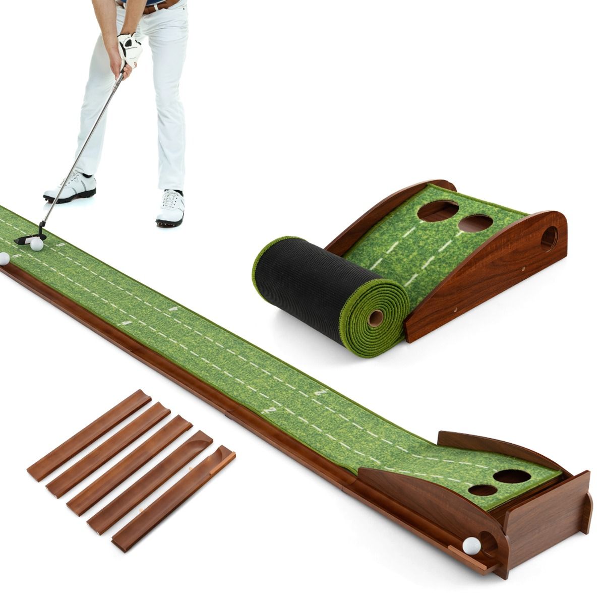 Coast Golf Übungsmatte - 2 Löcher - Inklusive 3 Golfbälle - Automatische Ballrückgabe - 302 x 32 x 15 cm