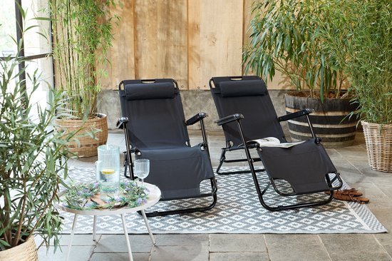 909 Outdoor-Liegestuhl - klappbar - Set 2 - verstellbar - Polyester & Metall - Schwarz