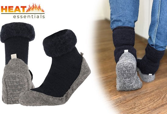 Heat Essentials Wool Slipper Socken - Dunkelblau - 39/40 - Hausschuhe Damen - Hausschuhe Damen - Unisex - Anti-Rutsch Socken - Haussocken