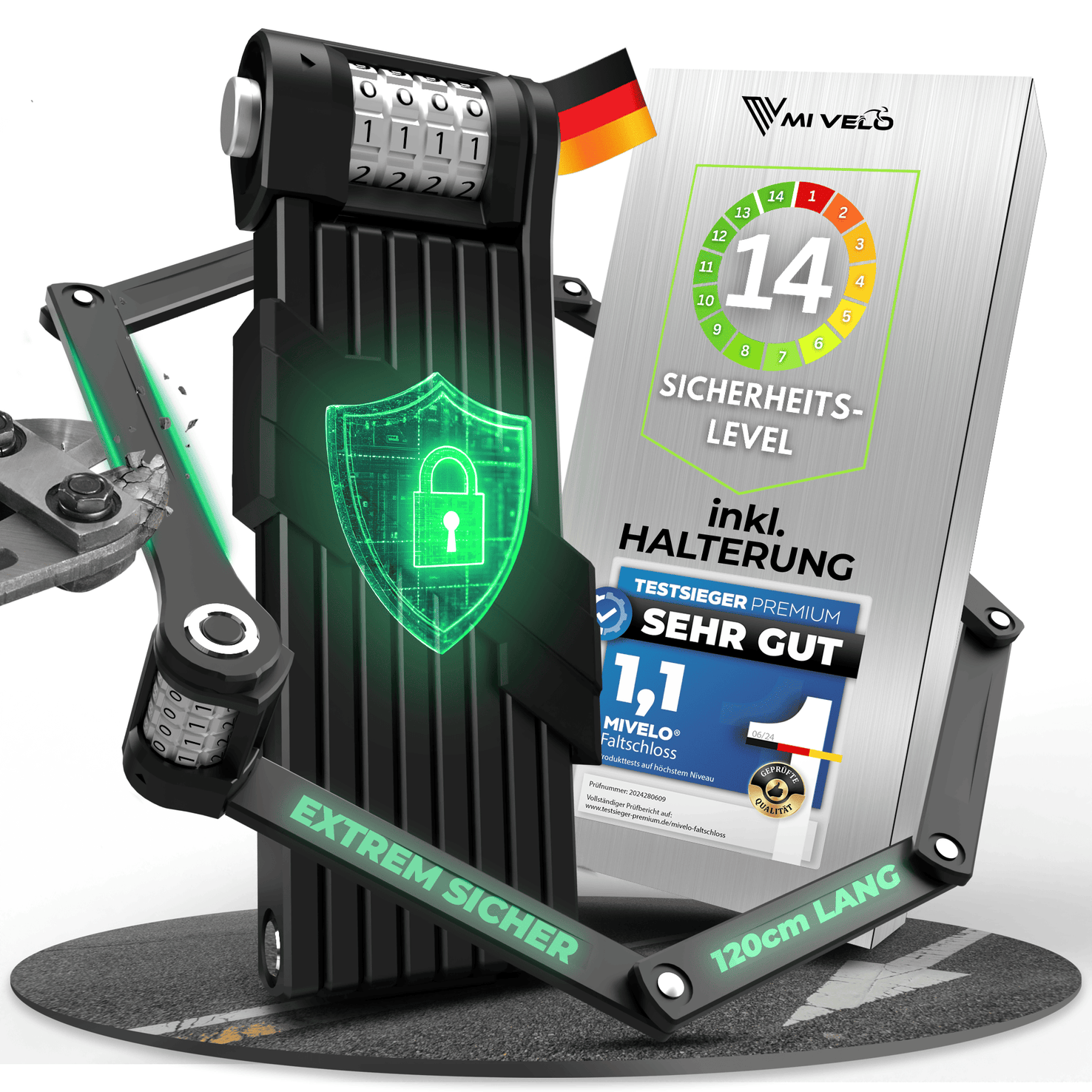 MIVELO Fahrradschloss NEXUS - Mit Zahlenschloss - Extrem robuster Edelstahl - 120 cm - Schwarz