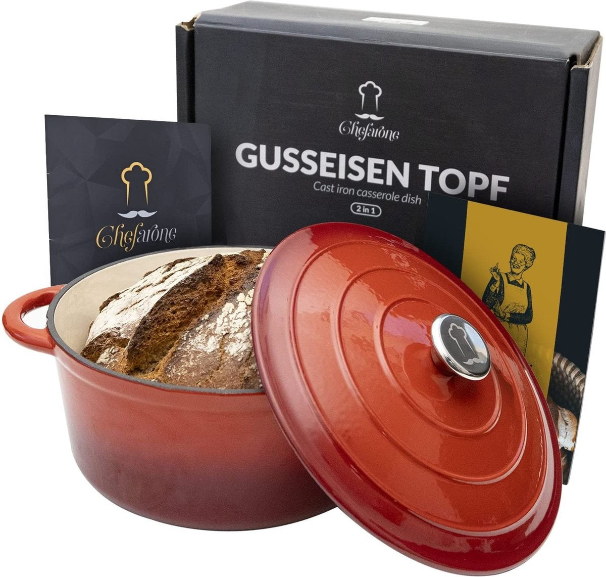 Chefarone Gusseisen Pfanne - Kasserolle - Inklusive Deckel - Geeignet für alle Wärmequellen - Cocotte / Emaille