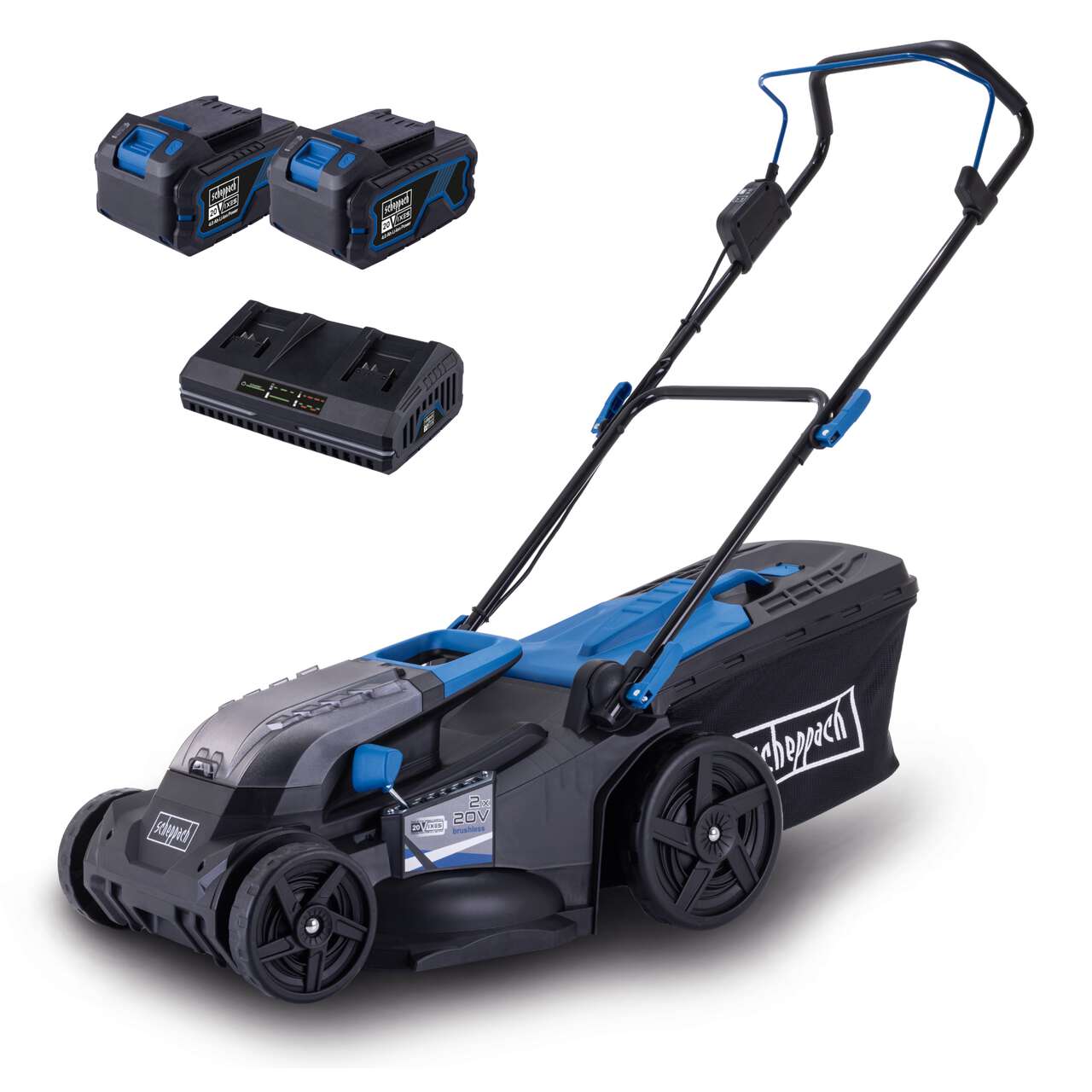 Akku-Rasenmäher BC-MP430-X Scheppach | 43cm Schnittbreite | für 600-700 m2 | 50L Korb | inkl. 2x 4Ah Akku + 4