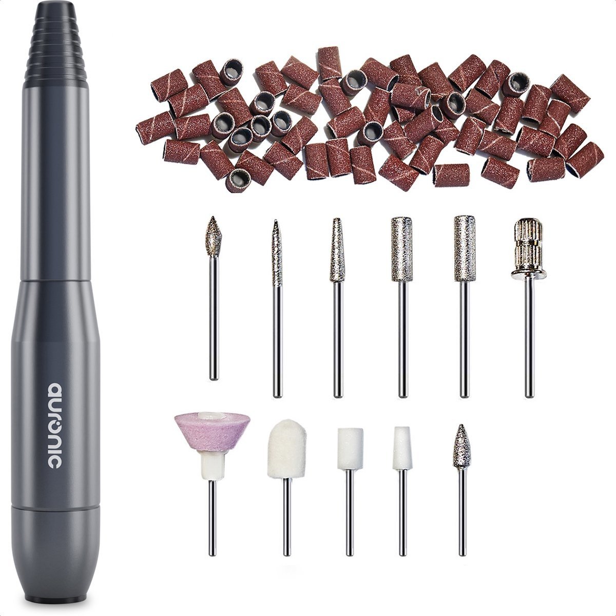Auronic Elektrischer Nagelfräser / Nagelfeile - 11 Bits und 56 Schleifrollen - Maniküre / Pediküre - Grau