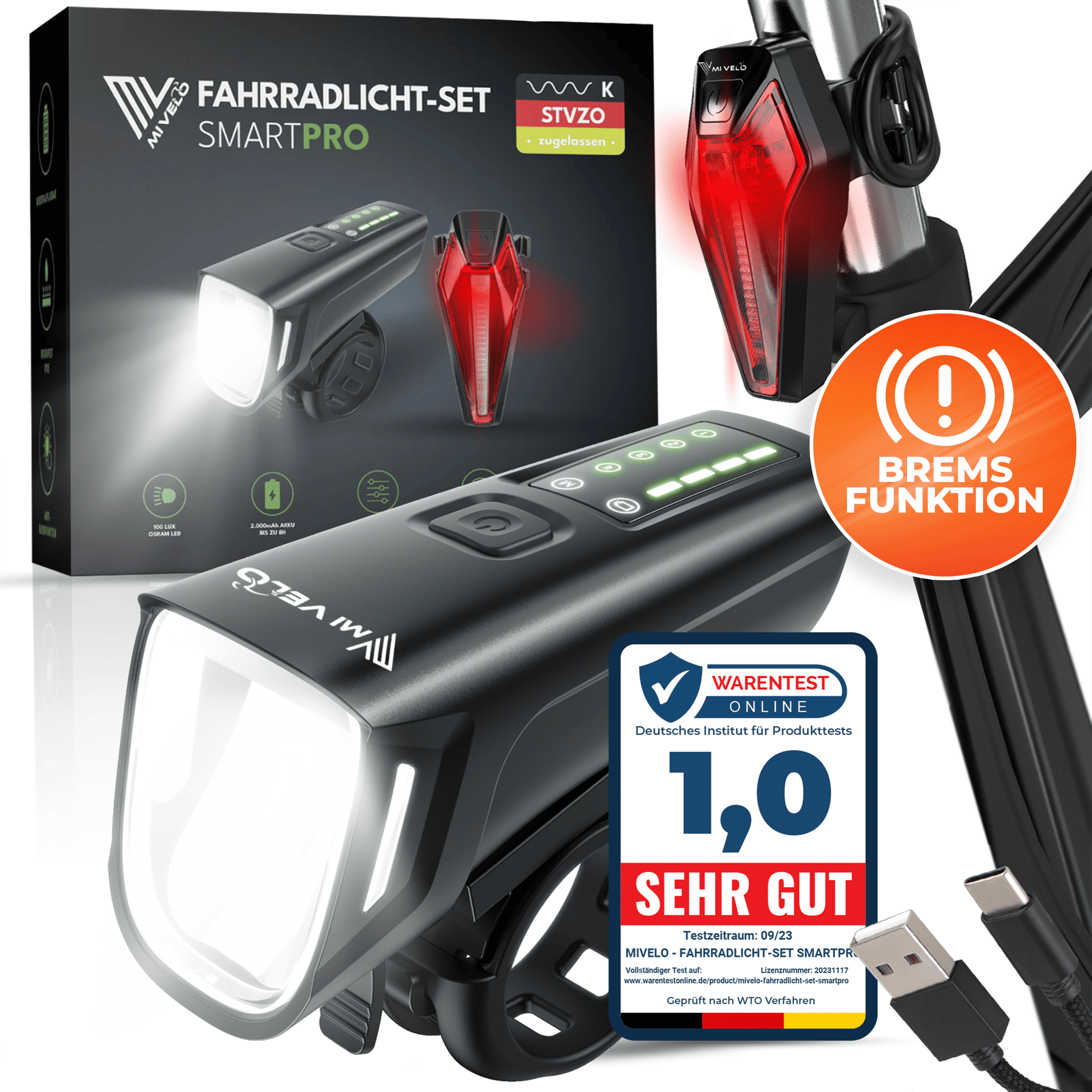 Mivelo Fahrradlicht Set LED "SMART PRO" mit Bremsfunktion & USB-aufladbar