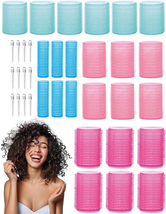 Mix Lockenwickler 24 Stück - 4 Größen - Inkl. 20 Haarspangen - blau/rosa