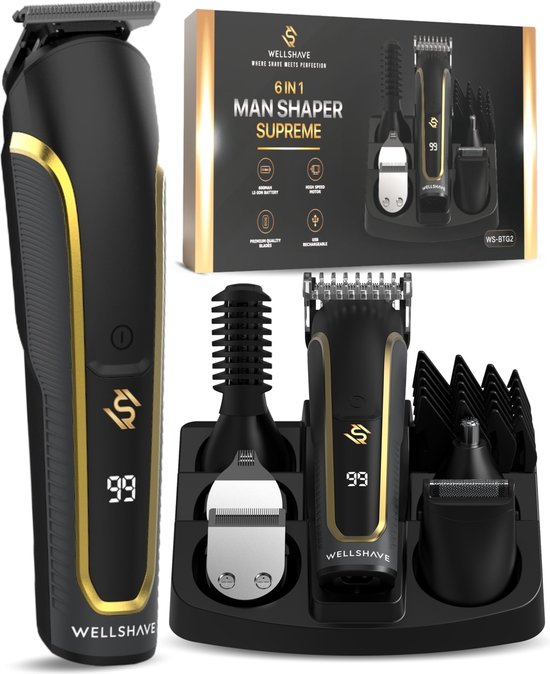 Wellshave 6 in 1 Bartschneider Supreme - Bart- und Körperschneider - Nasentrimmer - Körperpflegegerät - IPX7 Wasserdicht - Inkl. 6 Aufsätze